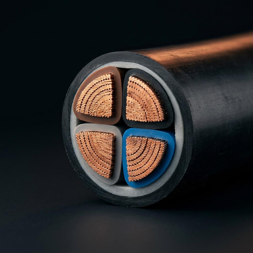 Cut face of a four-core 0.6/1kV power cable showing stranded copper conductors